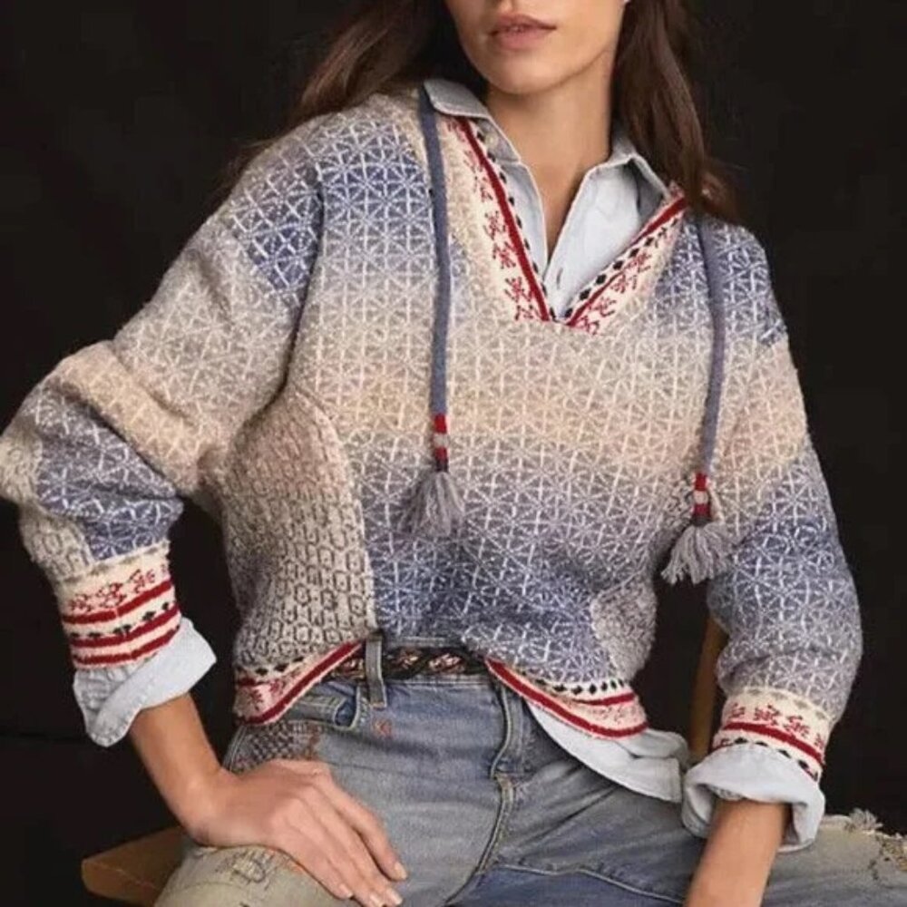 Anthropologie  Pilcro Abstract Hoodie Nordic Blue Red Sweater